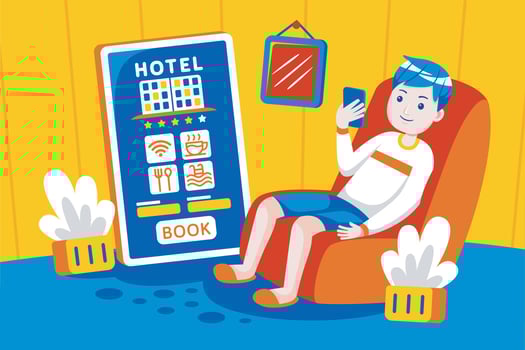Young man booking hotel online with mobile app. vector