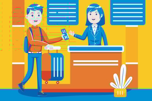 Man checks in desk counter gate at international airport. vector
