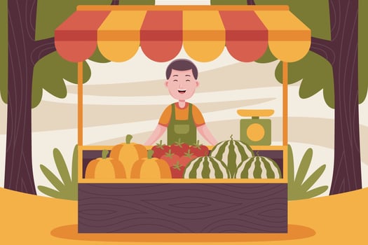 Happy man farmer selling fruits at farmer market. vector