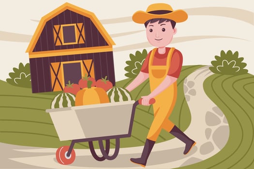 Happy man pushing farm trolley vector