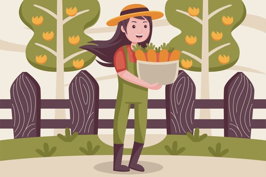 Happy woman farmer brings carrots in the basket. vector