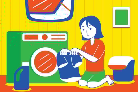 Young woman washing clothing with wash machine. vector