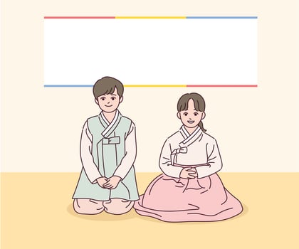 Children in traditional Korean costumes are sitting. vector