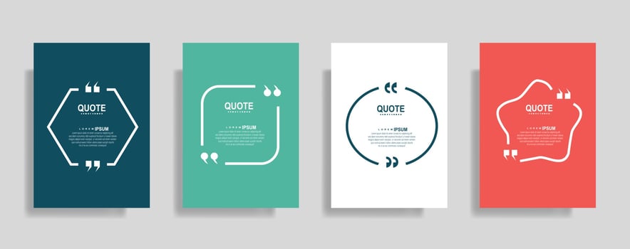 Quotes frame blank templates set. Text in brackets, citation empty speech bubbles. Text box isolated on color background vector