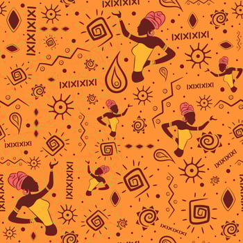 African seamless pattern with aztec and mayan traditional motifs. Repetitive indian and bohemian background for summer with spirals, national ethnic objects and a black woman wearing a turban. vector