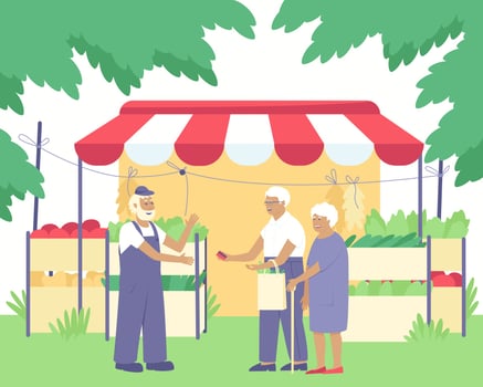A farmer sells fresh vegetables from his farm to an elderly couple vector