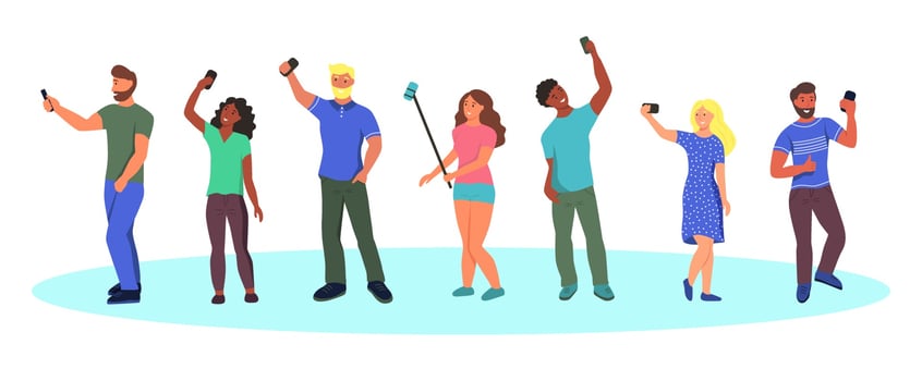 Young people in summer clothes taking selfies vector