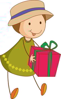 A doodle kid holding a gift box cartoon character isolated vector