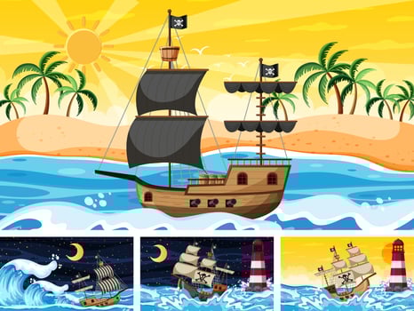 Set of Ocean with Pirate ship at different times scenes  in cartoon style vector