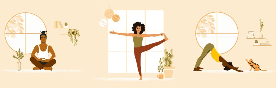Set of young people doing yoga at home. African American woman, Asian man and white girl at yoga class. Flat vector illustration