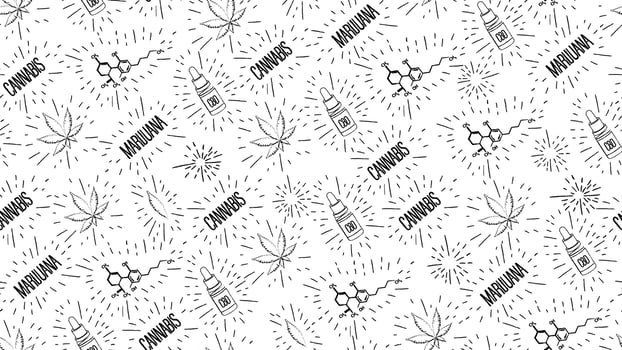 White seamless pattern in doodle style with cannabis leafs, bottle of CBD oil, chemical formula of CBD and cannabis logos vector