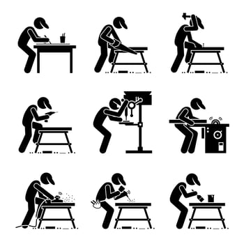 Carpenter using Woodworking Tools and Equipment with a Workbench at a Workshop. vector