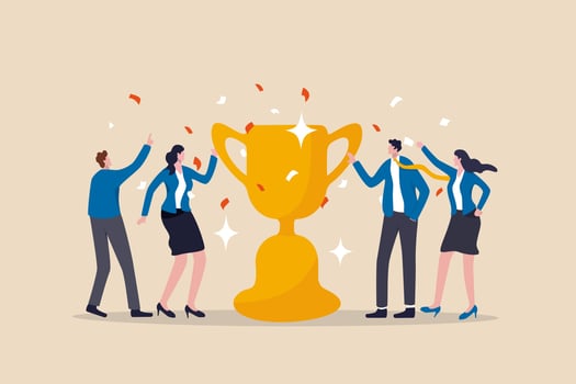 Team success recognition, reward for teamwork to achieve business goal, victory for coworkers to complete work mission concept, happiness success businessmen and women team holding winning trophy cup. vector