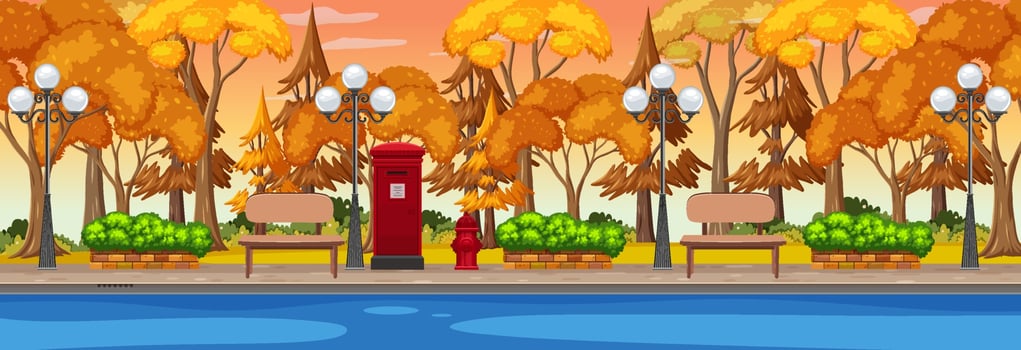 Park in autumn season horizontal scene at sunset time vector