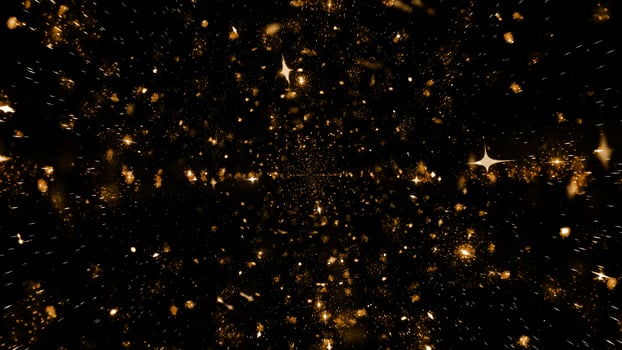 Sparkling golden lights in darkness in 3D illustration photo