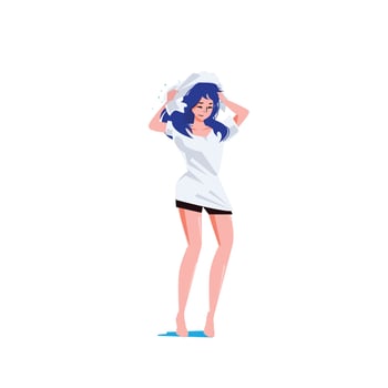 Lovely female with wet hair, takes shower, dries head with towel vector
