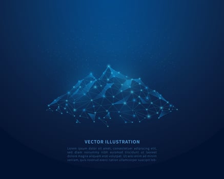 Abstract low poly mountain. Polygonal wireframe illustration with lines and dots. Vector illustration.