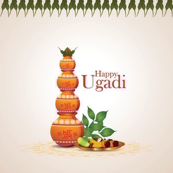 Happy ugadi indian festival celebration greeting card with traditional kalash vector