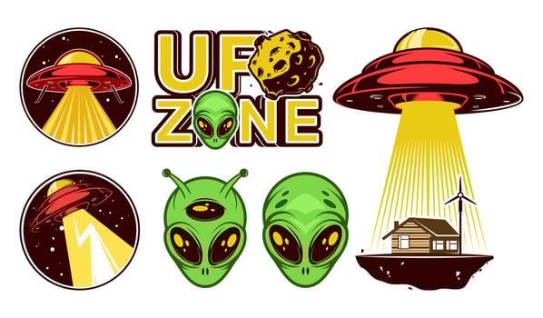 Big Aliens logo set. Ufo Day. Colorful badges with spaceships. Vector design