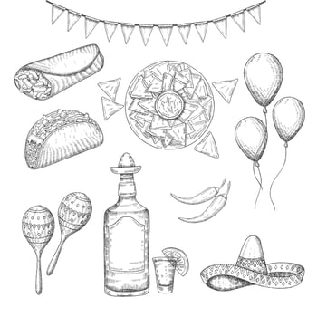 Cinco de Mayo vector colored Set. Hand drawn symbols - chili pepper, maracas, sombrero, nachos, tacos, burritos, tequila, balloons, flag garland isolated on white. Sketch. Mexican food and objects