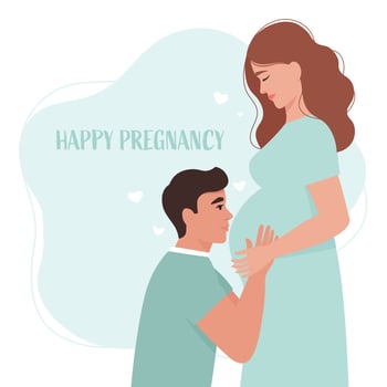 Young male kissing his pregnant wife's belly vector