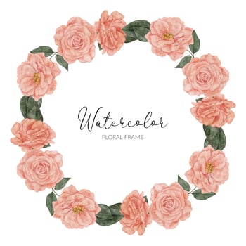 watercolor bloom peach rose flroal wreath circle frame vector