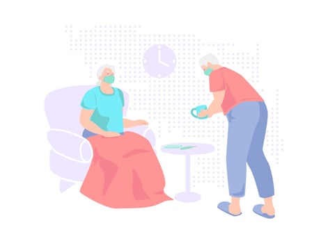 Elderly couple in surgical face masks are protected from flu virus isolated on white background. Old aged senior people at home with seasonal winter cold illness disease. Health taking care together. vector