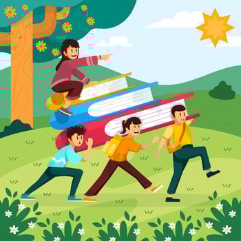 Children Teamwork Together Carry Giant Book Concept vector