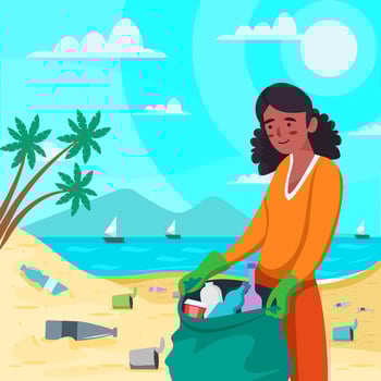 Woman Clean Beach From Trash vector