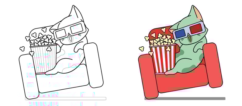 Adorable cat is watching a movie cartoon coloring page for kids vector