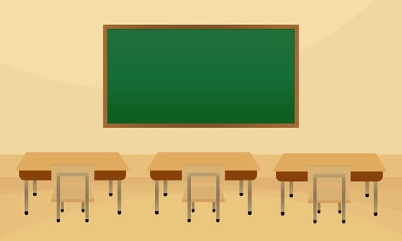 School Classroom Illustration With Chalkboard and Tables vector