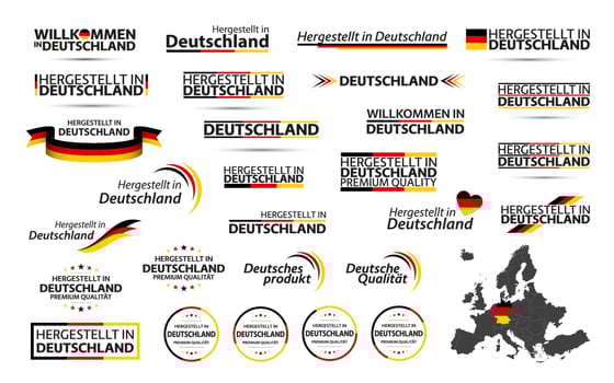 Big vector set of German ribbons, symbols, icons and flags isolated on a white background. Made in Germany. Welcome to Germany. Premium quality. German tricolor set for your infographics and templates