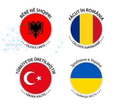 Set of four Albanian, Romanian, Turkish and Ukrainian stickers. Made in Albania, Made in Romania, Made in Turkey and Made in Ukraine. Simple icons with flags isolated on a white background vector