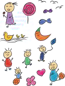 Kid Doodle, Children Drawing, Childhood Cartoon Vector Illustration
