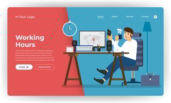Mock-up design website flat design concept working hours worker in office place.  Vector illustration.