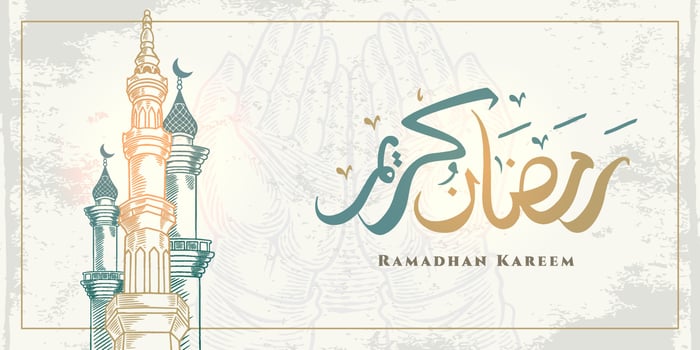 Ramadan Kareem greeting card with big mosque tower sketch and arabic calligraphy means Holly Ramadan isolated on white background. vector