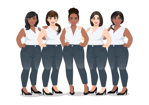 Set of Plus size female in white sleeveless shirt and jeans standing together on white background vector