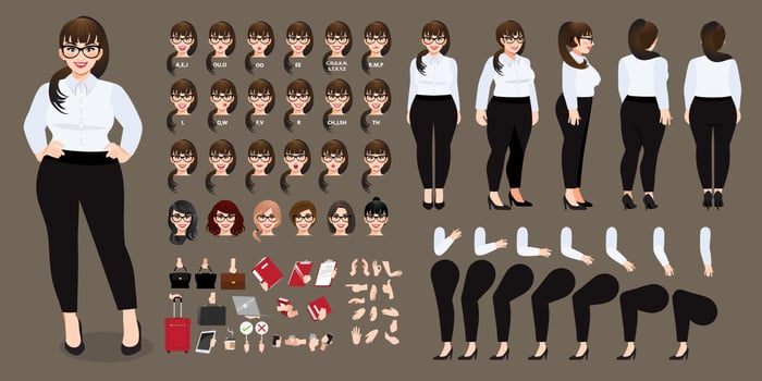 Plus size businesswoman cartoon character in white shirt creation set with various views, hairstyles, face emotions, lip sync and poses. Parts of body template for design vector