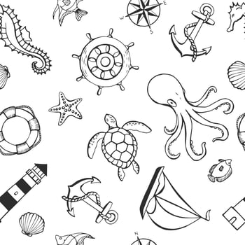 Seamless pattern with different animals and marine objects. Sea or ocean underwater life background. Concept elements. Vector illustration in hand drawn style.