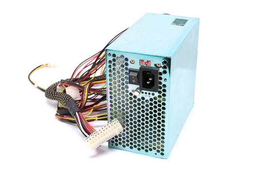 500W Power supply unit with cables and switch I O for PC computers isolated on a white background photo