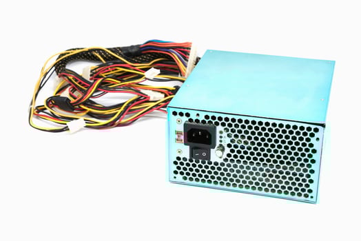500W Power supply unit with cables and switch I O for PC computers isolated on a white background photo