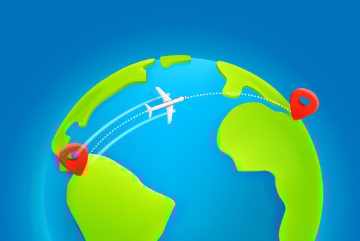 Jetliner flight trajectory from continent to continent with dashes trace vector