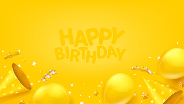 Happy birthday vector banner with ballons, confetti and hats