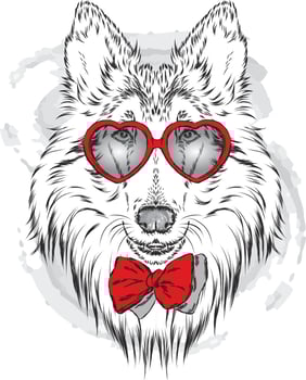 Beautiful dog in glasses with hearts. Hipster. vector