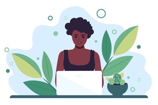 African woman works behind a laptop monitor. Distance learning or freelancing. Flat vector illustration