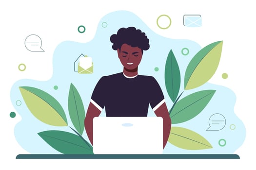 Young African American man works behind a laptop monitor. Distance learning online or remote work. Flat vector illustration