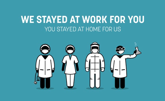 Frontliners doctor, nurse, medical workers and staffs urging public to stay at home vector