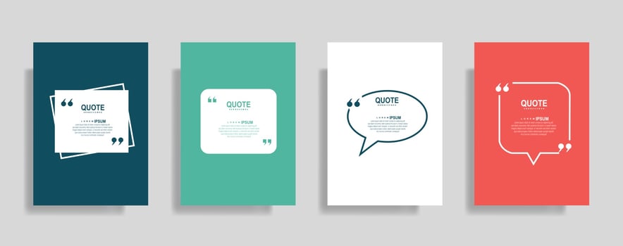 Quotes frame blank templates set, Text in brackets, citation empty speech bubbles. Text bos isolated on color background. vector
