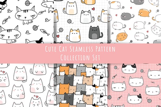 Set of Cute cat kitten cartoon doodle seamless pattern bundle vector