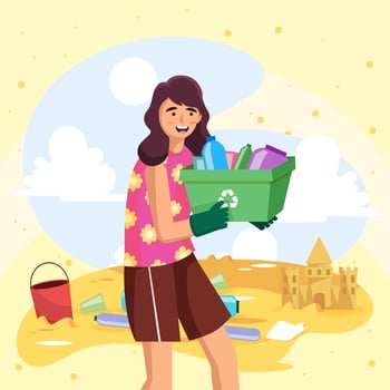 Woman Collects Garbage Bottles For Recycling Use vector